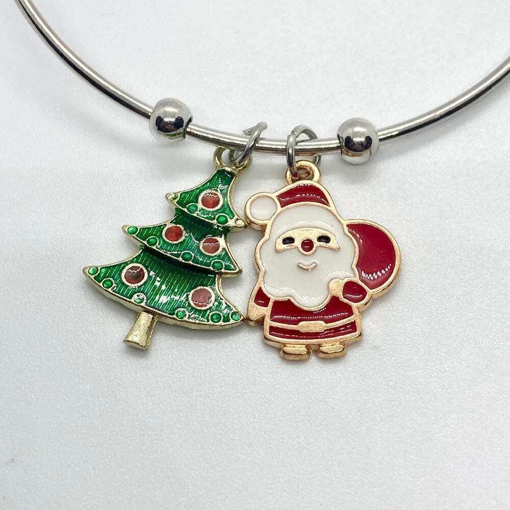 Bangle Charm Bracelet Santa Claus Christmas Tree Silver Tone - Picture 2 of 6